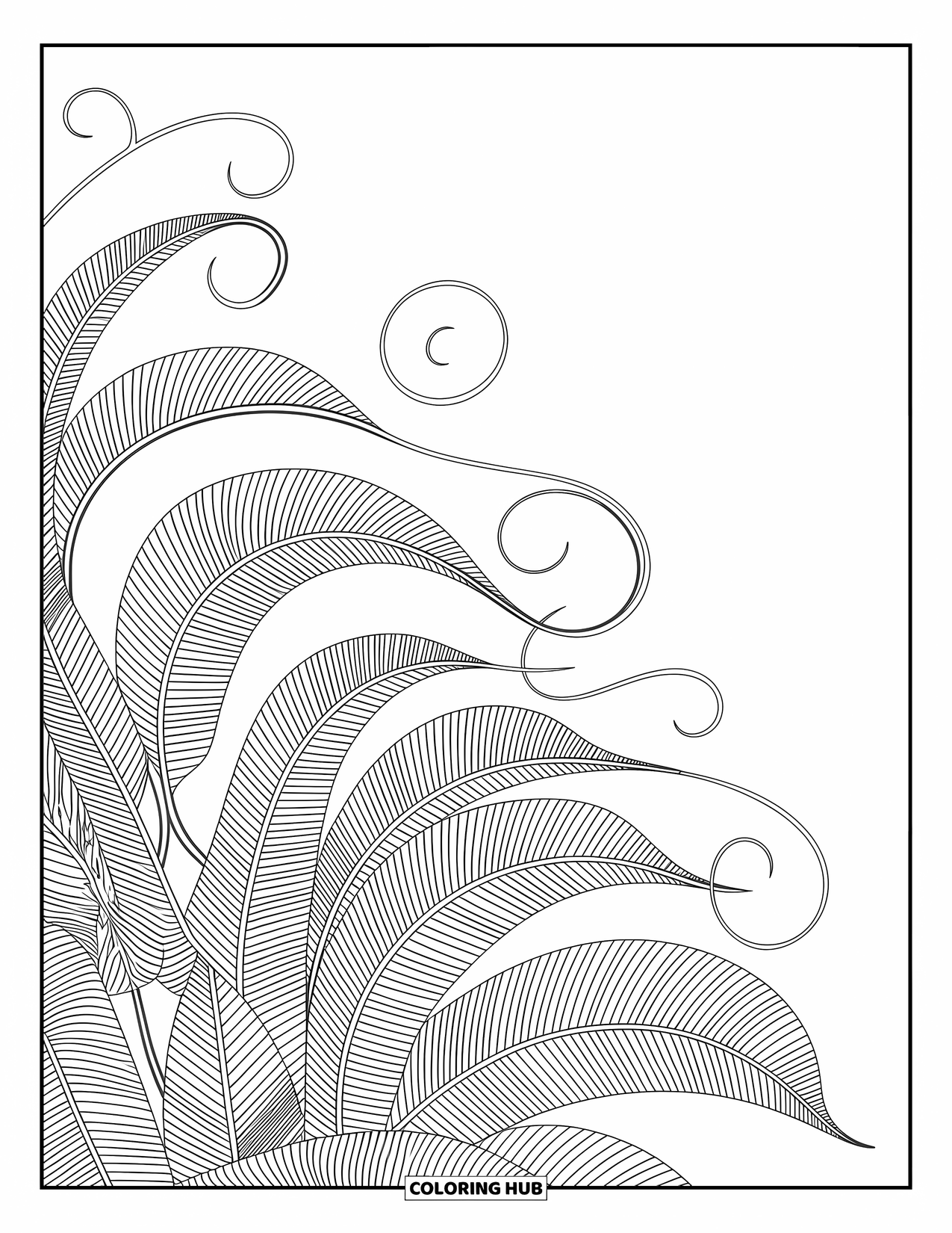 Leaf Coloring Page for Adults: A detailed olive leaf mandala with swirling floral elements, offering an elegant and serene composition