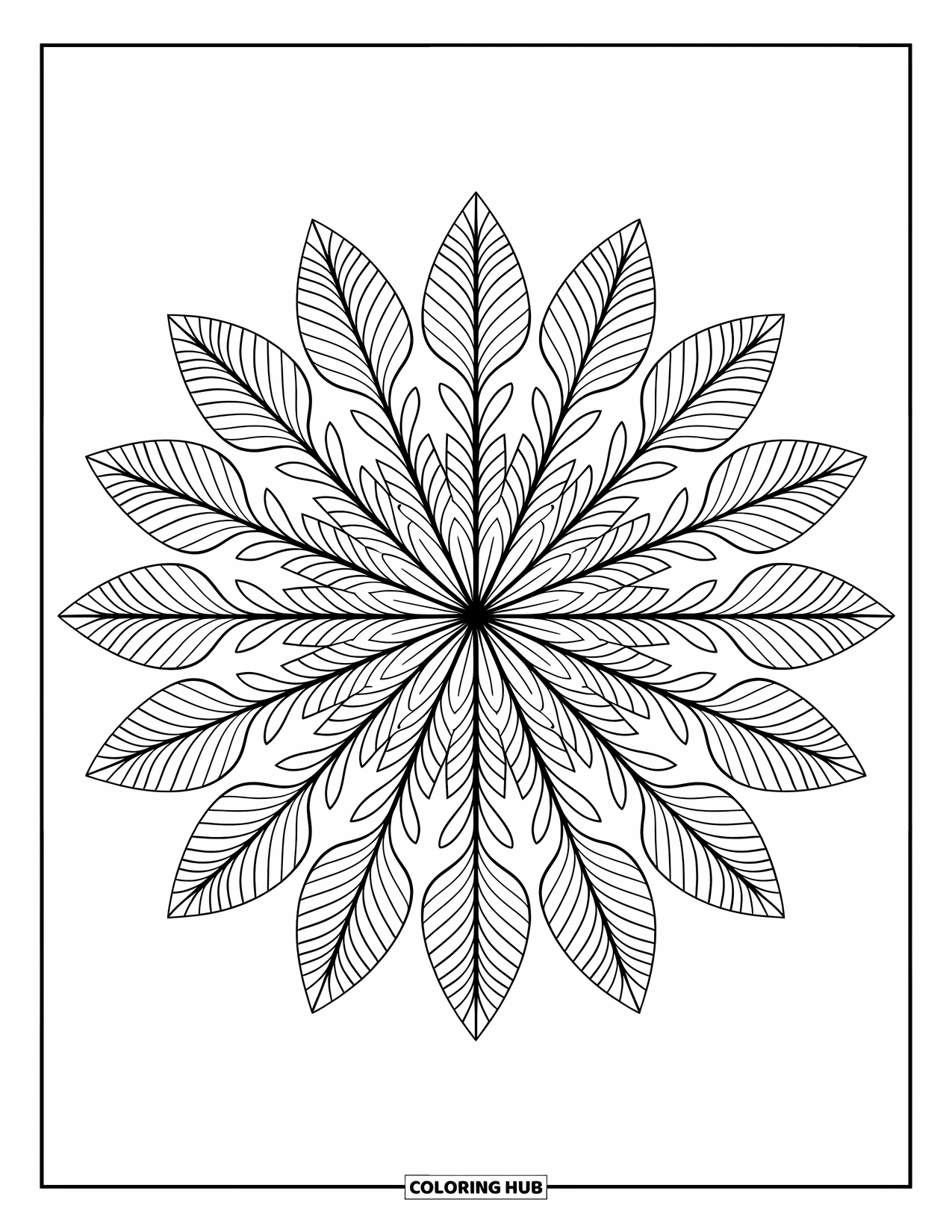 Leaf Coloring Page for Adults: A fern leaf with delicate ornamental details, set against a backdrop of swirling floral patterns