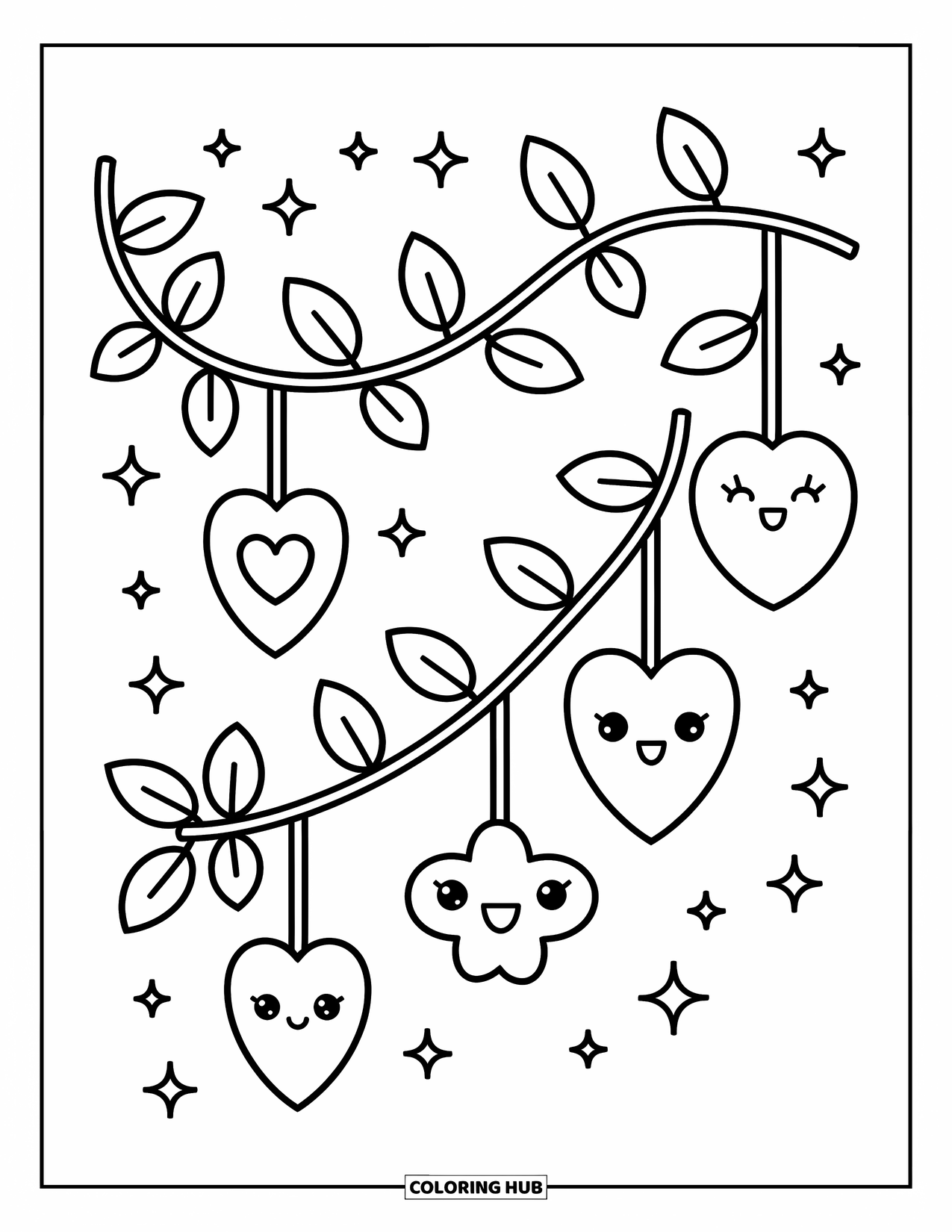 Leaf Coloring Page for Adults: A gracefully curved vine with adorable hanging leaves, sprinkled with stars and sparkles for charm