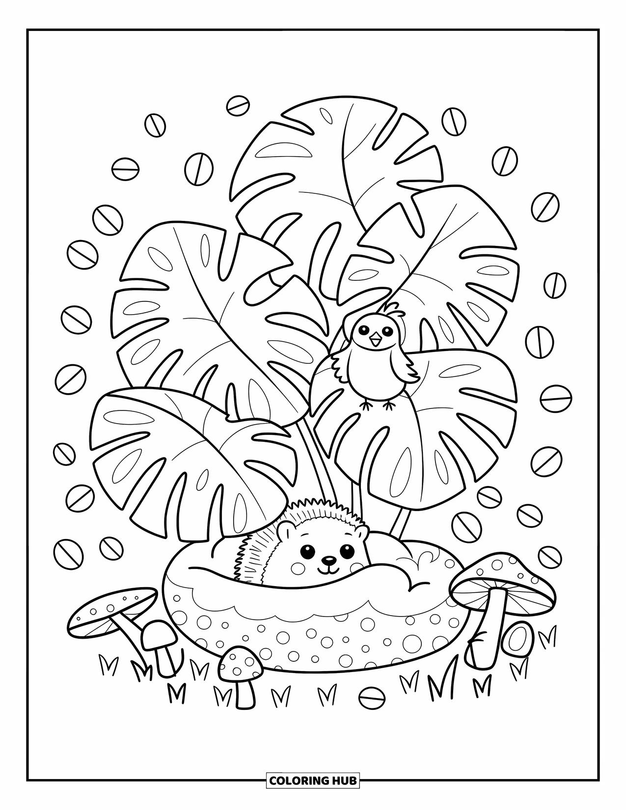 Leaf Coloring Page for Adults: A hedgehog hides among monstera leaves as a little bird sings above, framed by floating petals