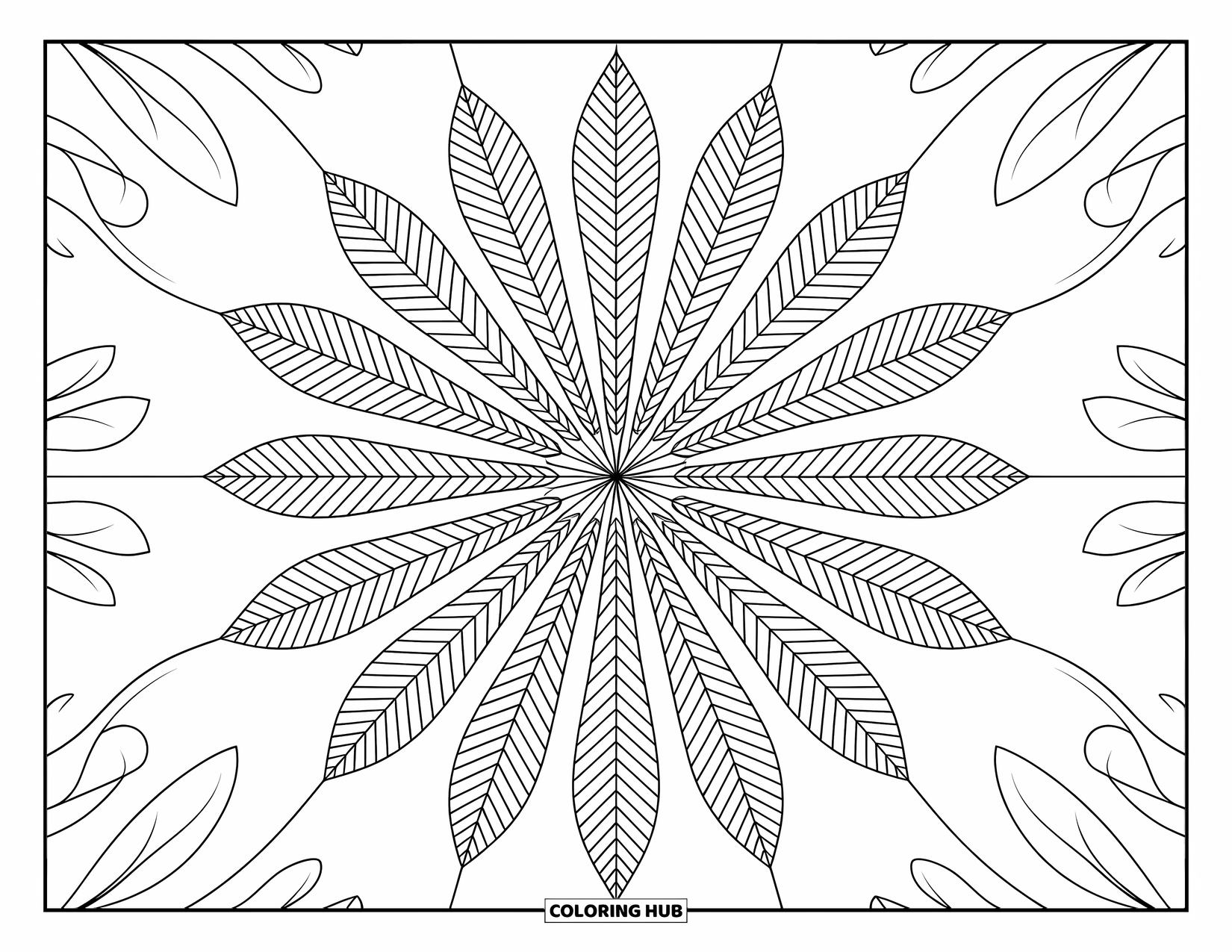 Leaf Coloring Page for Adults: A hypnotic kaleidoscope of leaves interweaves in an intricate and balanced composition