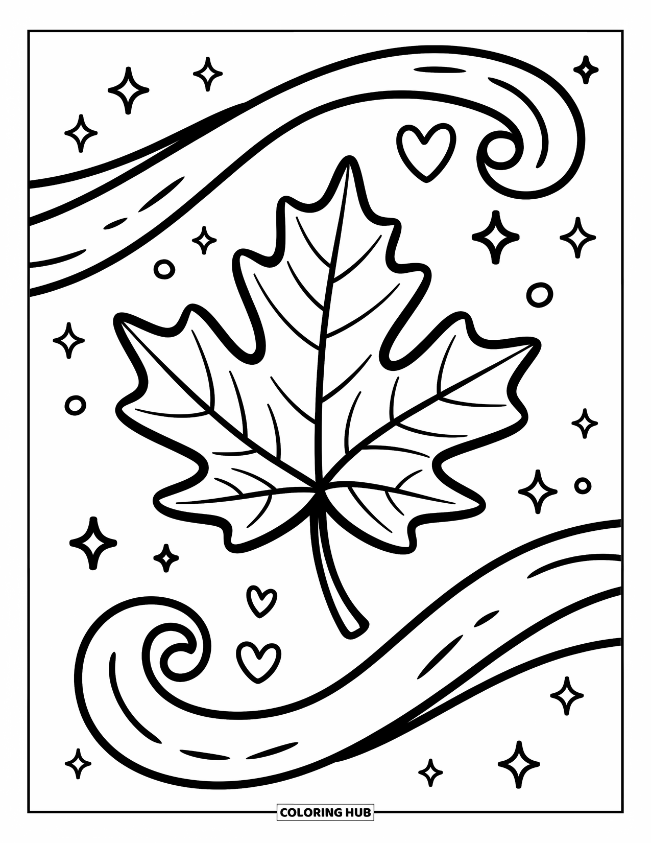 Leaf Coloring Page for Adults: A maple leaf with wavy edges drifts in the breeze, surrounded by tiny stars and heart-shaped sparkles