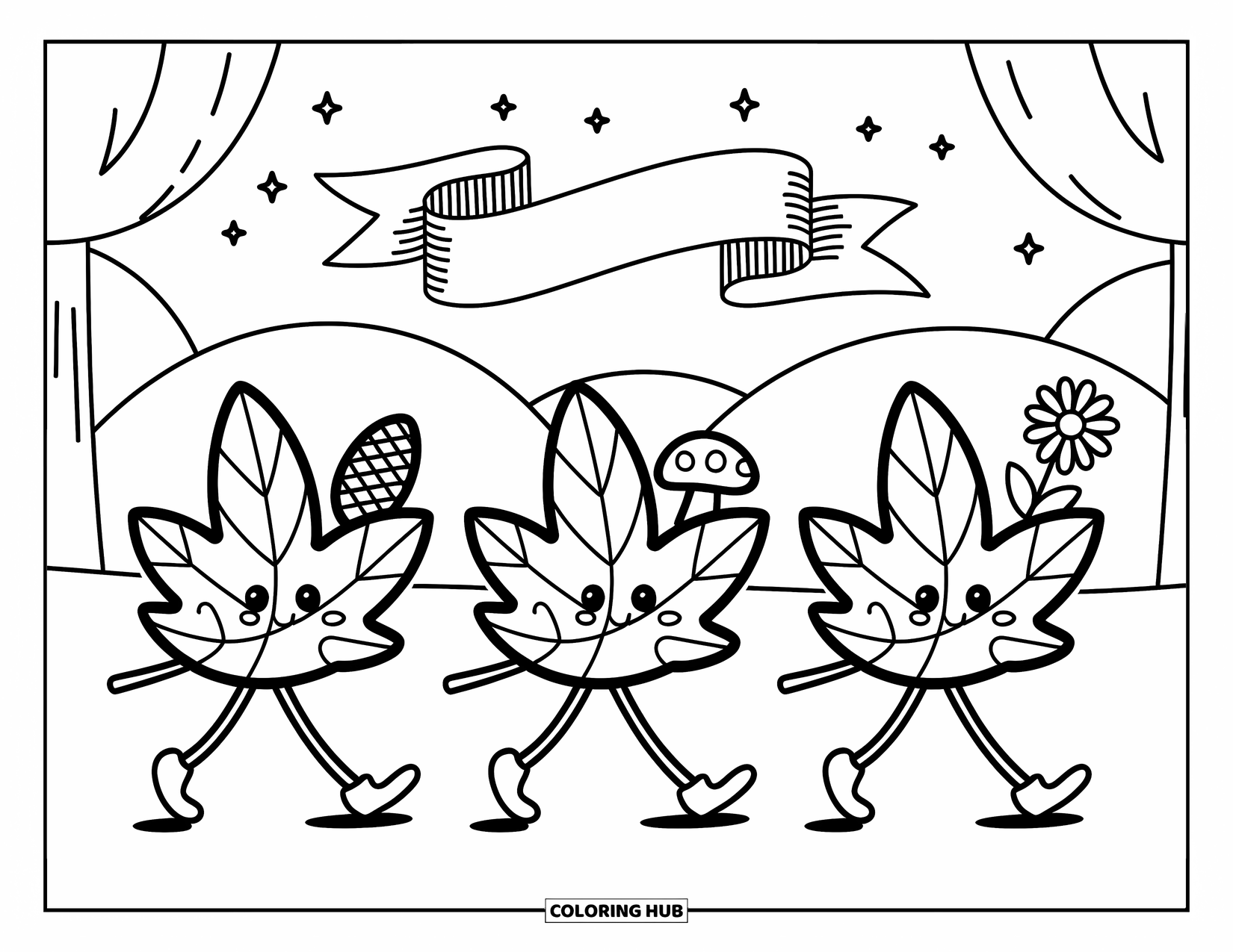 Leaf Coloring Page for Adults: A parade of autumn leaves carrying tiny forest treasures, with a ribbon banner floating above them