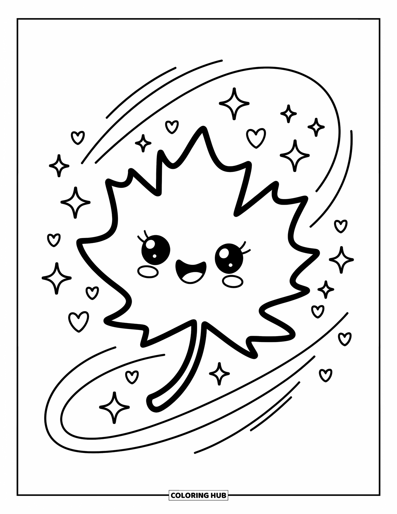 Leaf Coloring Page for Adults: A playful maple leaf floats gently, carried by soft wind swirls filled with tiny twinkling stars