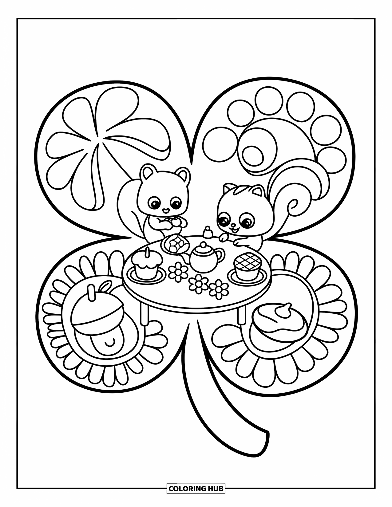 Leaf Coloring Page for Adults: A playful squirrel pours tea on a giant clover leaf, turned into a charming woodland café table