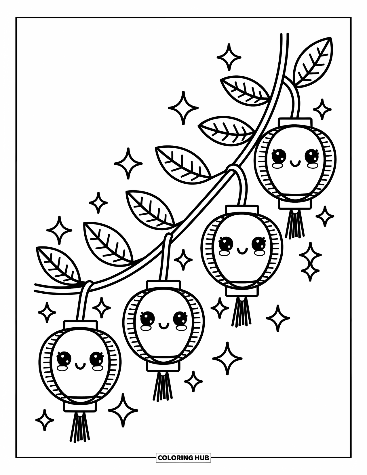 Leaf Coloring Page for Adults: A playful vine with lantern-like leaves, twinkling with tiny floating stars and sparkles around them