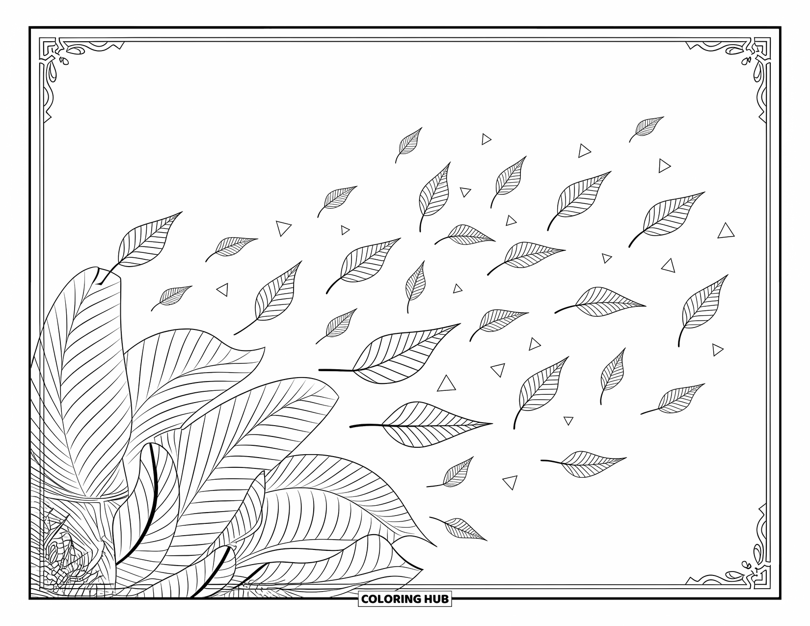 Leaf Coloring Page for Adults: A surreal scene of leaves dissolving into geometric forms, blending nature with intricate design