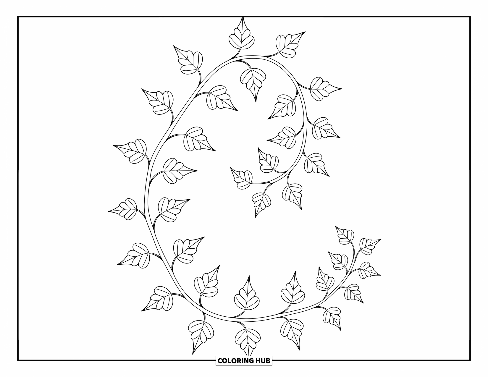 Leaf Coloring Page for Adults: A swirling border of climbing ivy leaves creates an intricate and elegant frame