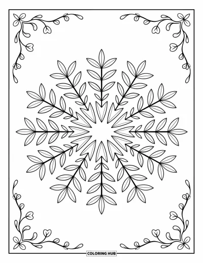 Bladtegning til voksne: En symmetrisk mandala af olivenblade arrangeret i cirkulær harmoni, omgivet af snoede ranker og blomstermotiver