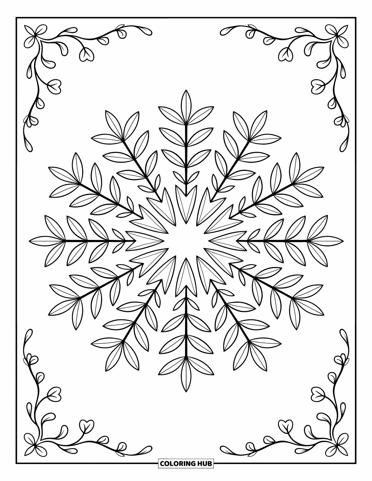 Leaf Coloring Page for Adults: A symmetrical mandala of olive leaves arranged in circular harmony, surrounded by swirling vines and floral motifs
