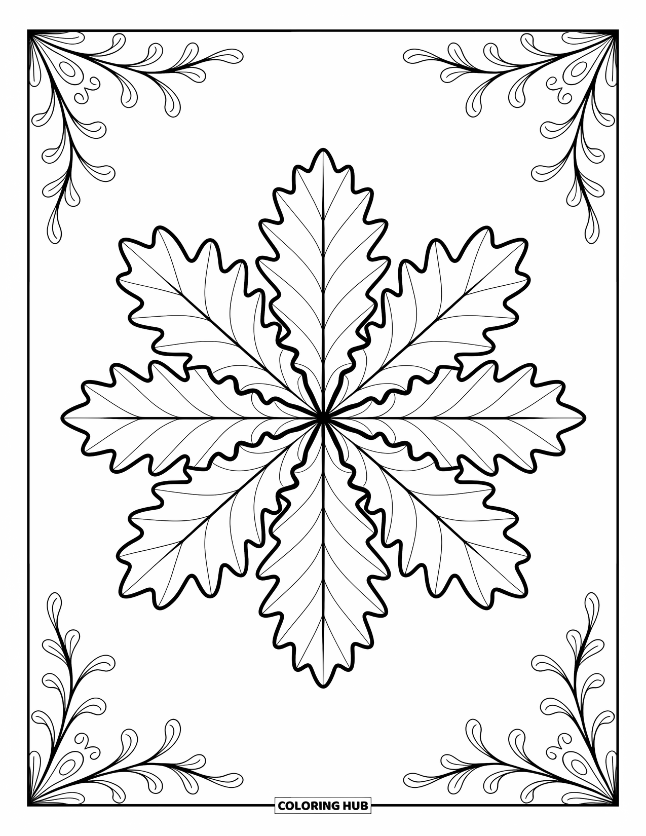 Leaf Coloring Page for Adults: A symmetrical oak leaf mandala with intricate patterns and swirling filigree details
