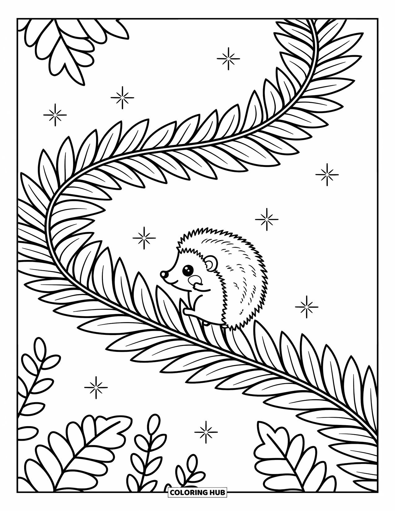 Leaf Coloring Page for Adults: A tiny hedgehog carefully walks across a floating leaf bridge, sparkling with magical charm