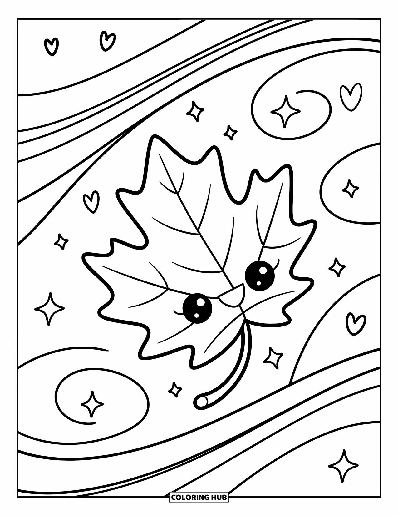Leaf Coloring Page for Adults: A wavy-edged maple leaf sways in the wind, as heart-shaped sparkles and stars dance around