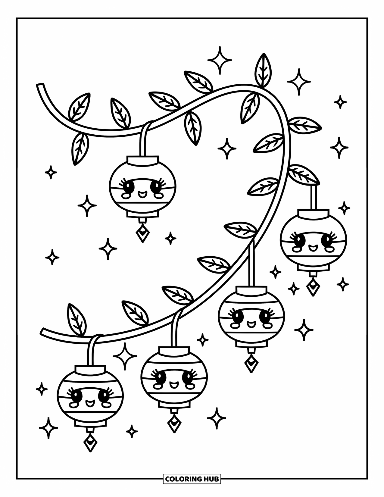 Leaf Coloring Page for Adults: A whimsical vine with hanging leaves, surrounded by floating stars and sparkles for a dreamy effect