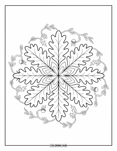 Bladtegning til voksne: En elegant egeblads-mandala med overlappende blade, ranker og agern i et afbalanceret design