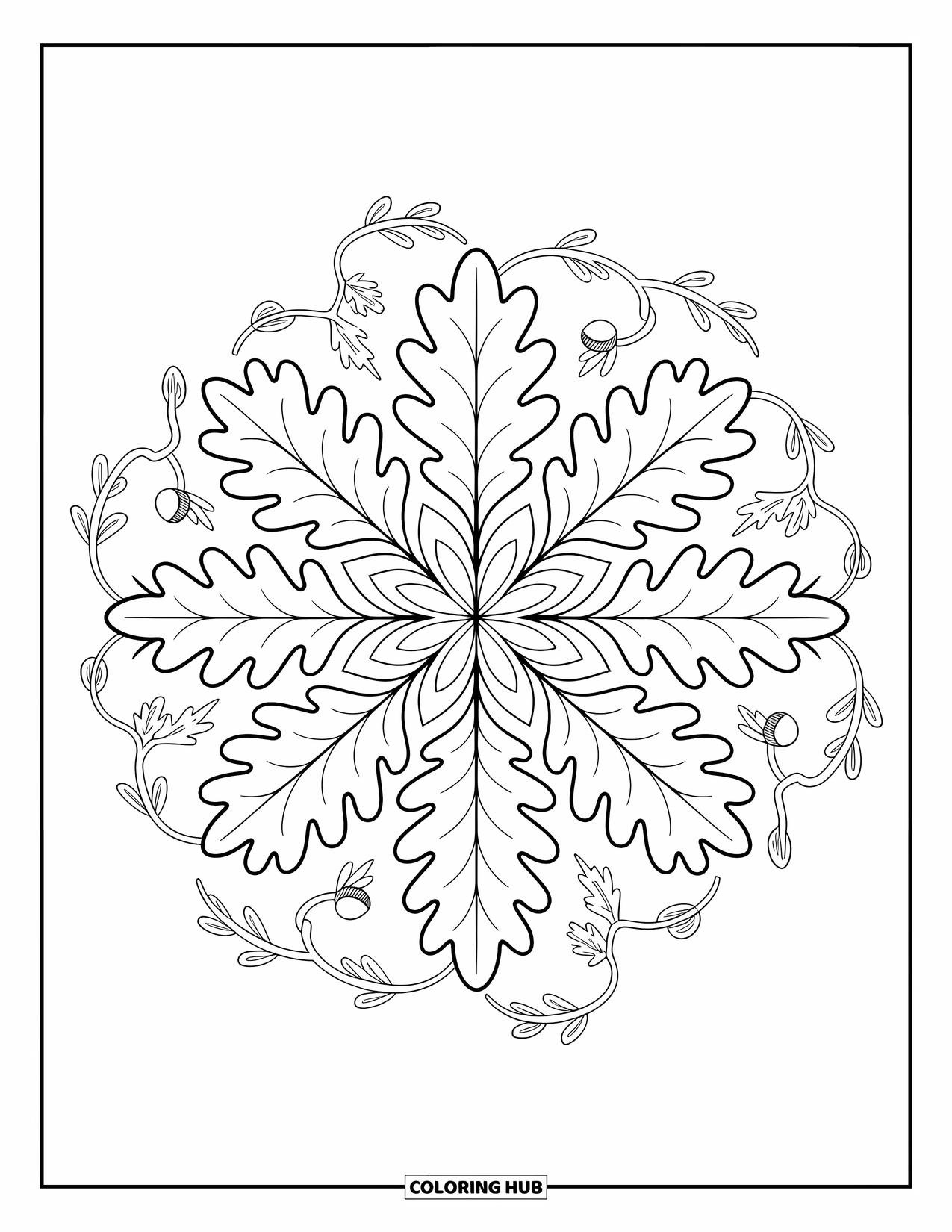 Leaf Coloring Page for Adults: An elegant oak leaf mandala with overlapping leaves, vines, and acorns in a balanced design