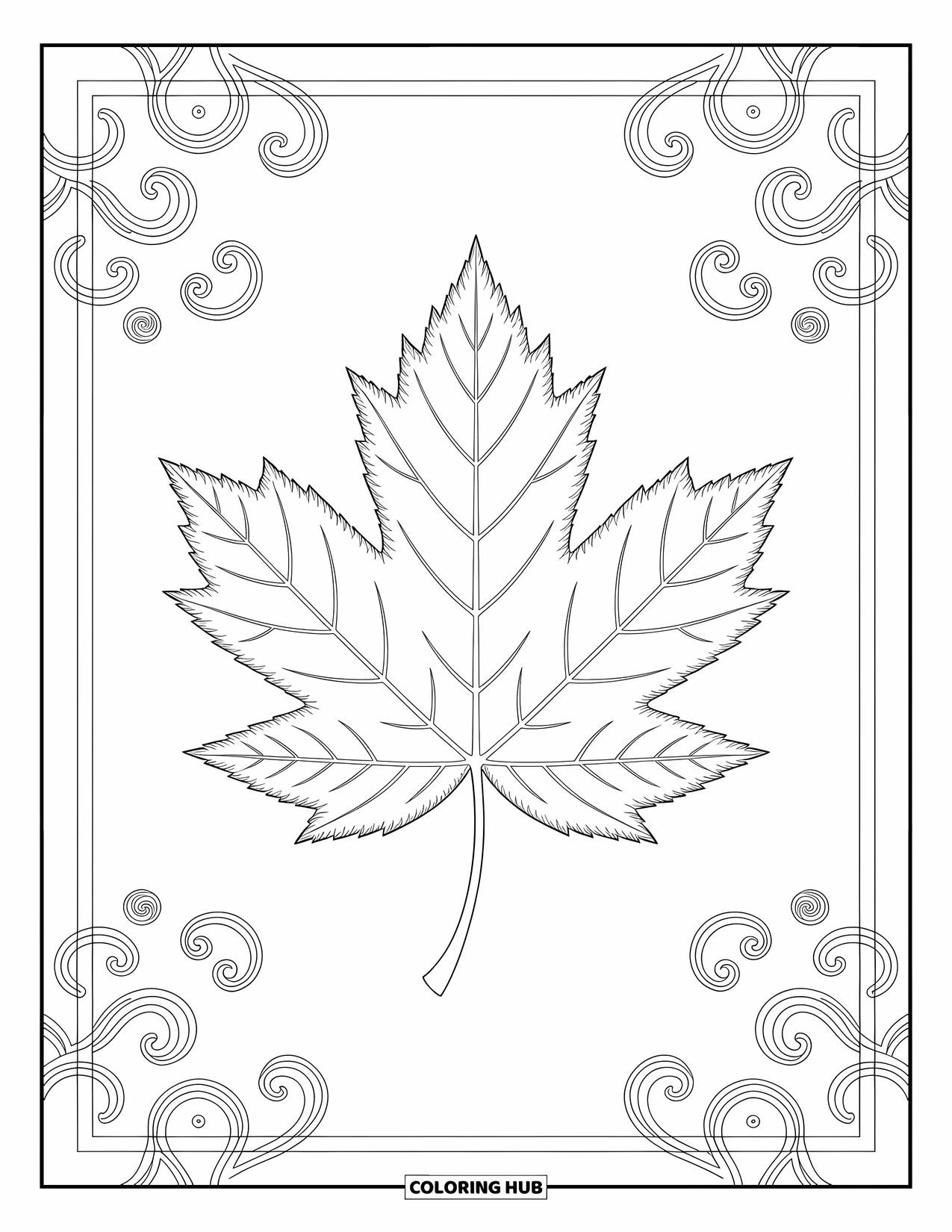 Leaf Coloring Page for Adults: An intricate maple leaf design with artistic patterns and elegant swirling details
