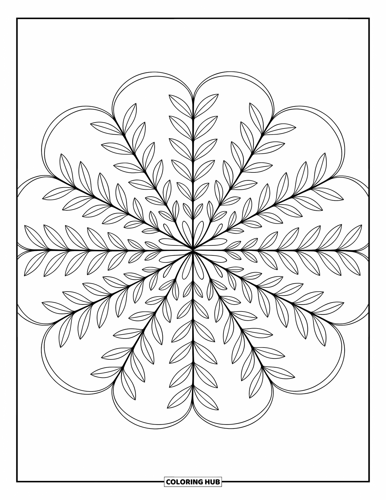 Leaf Coloring Page for Adults: An intricate olive leaf mandala with delicate vine tendrils and ornate patterns creating a calming design
