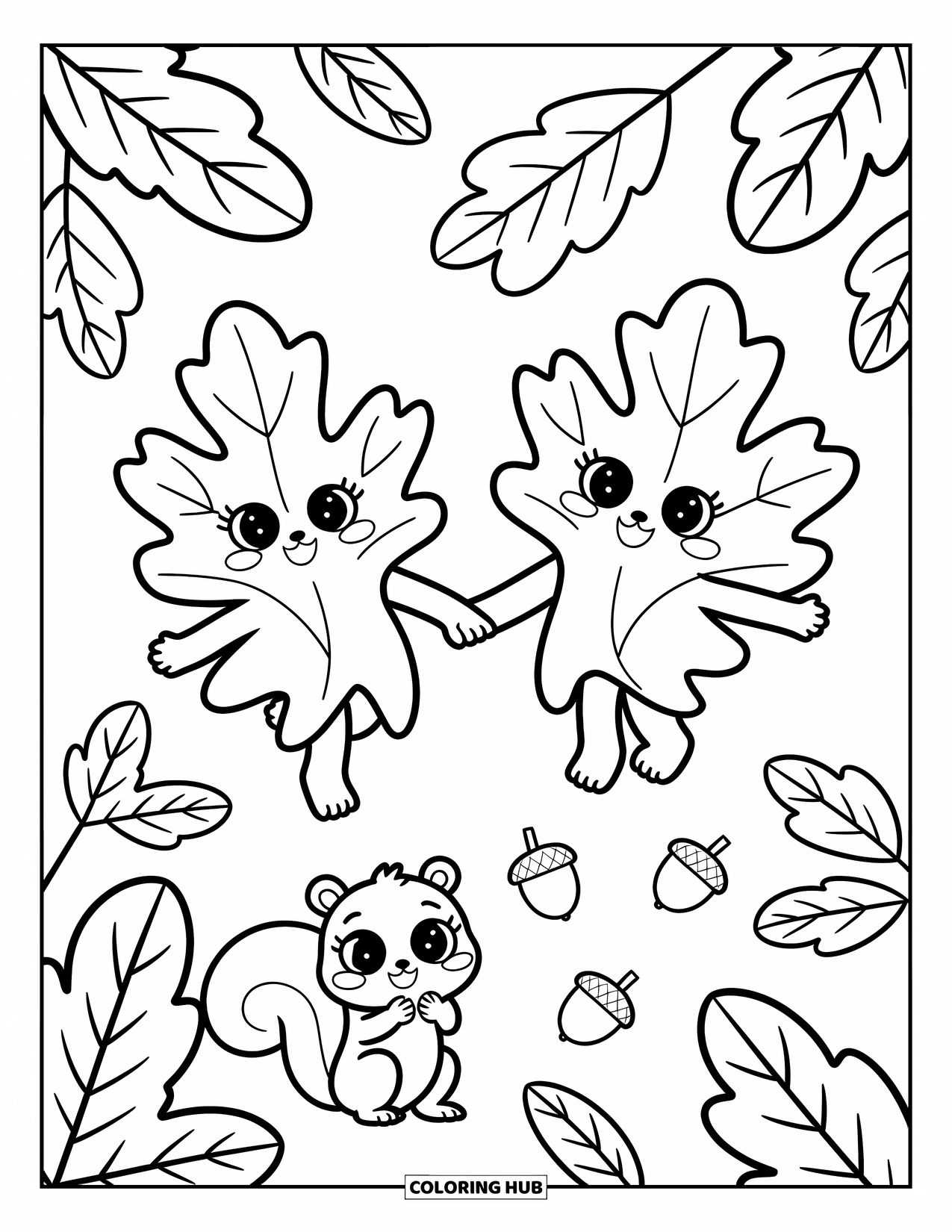 Leaf Coloring Page for Adults: Dancing oak leaves float in the air as a cheerful squirrel claps and tiny acorns bounce