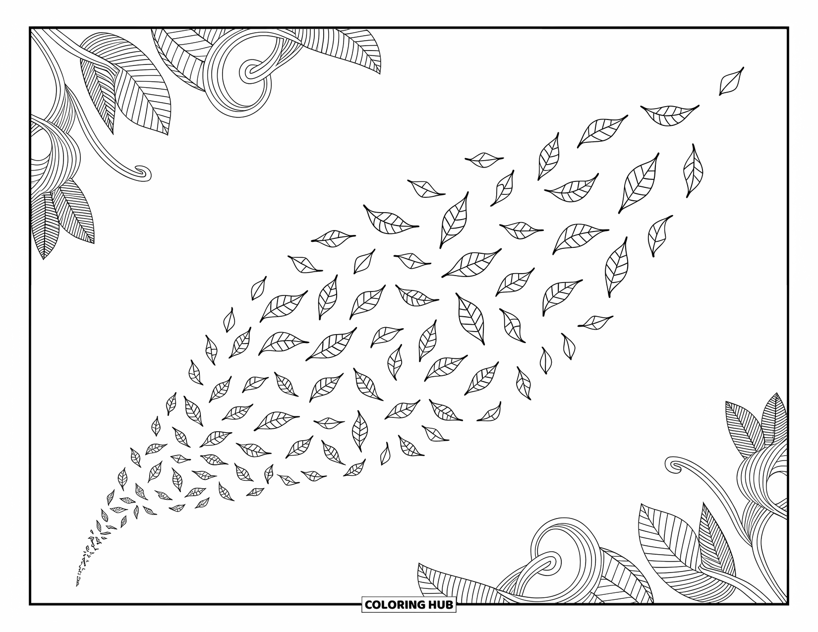 Leaf Coloring Page for Adults: Floating leaves transform into delicate geometric shapes, creating a mesmerizing and intricate design