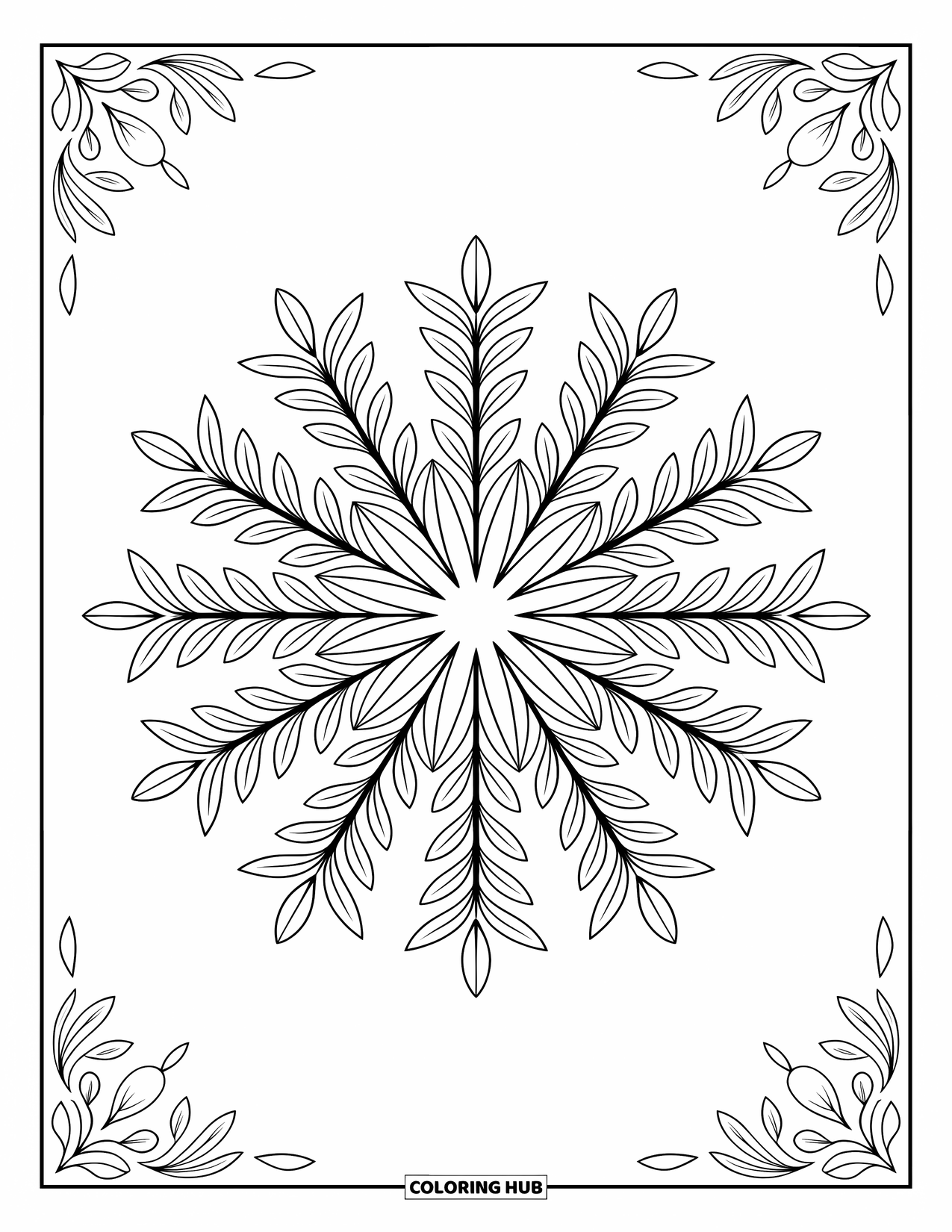 Leaf Coloring Page for Adults: Olive leaves form a mesmerizing mandala, surrounded by intricate patterns and delicate artistic flourishes