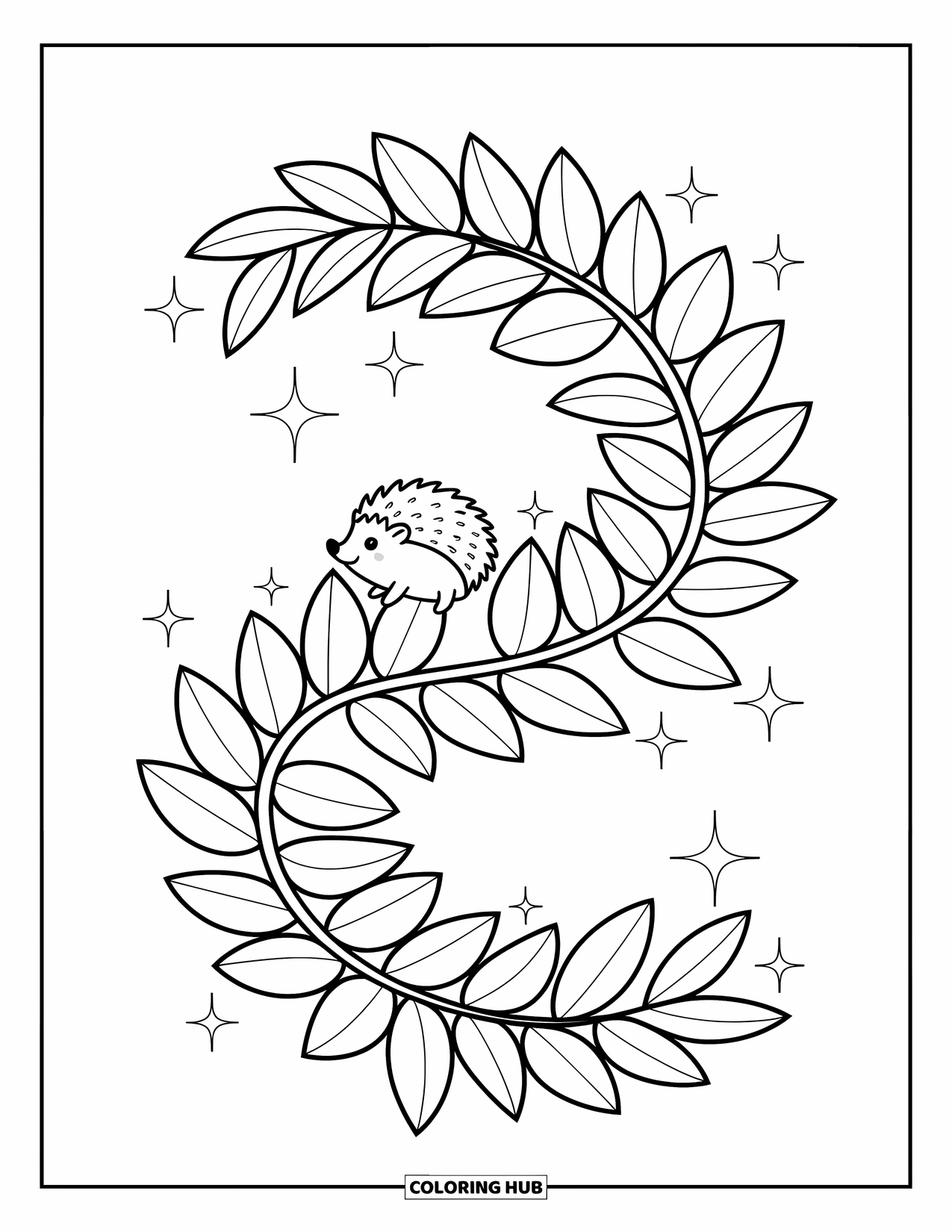 Leaf Coloring Page for Adults: Overlapping leaves create a whimsical sky bridge, where a hedgehog steps carefully across