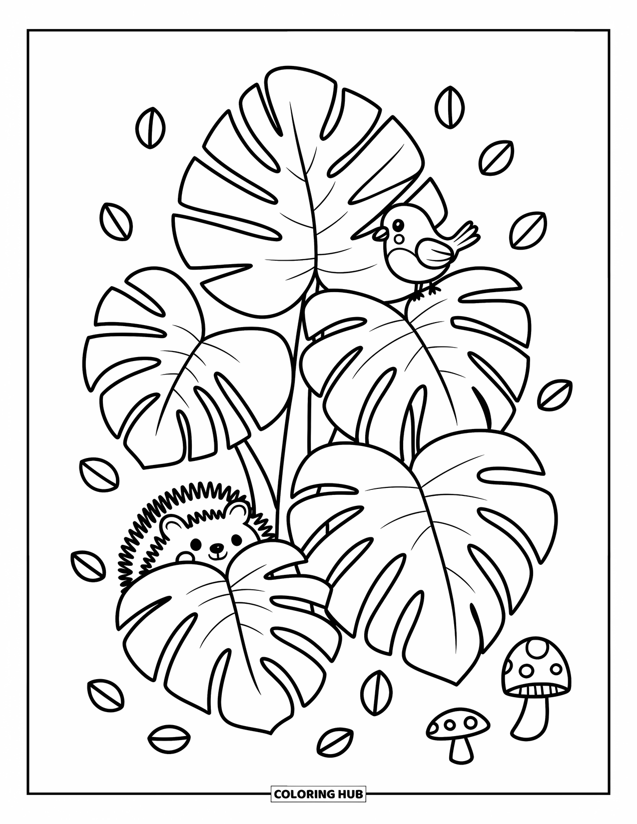 Leaf Coloring Page for Adults: Soft monstera leaves shelter a hedgehog, with a bird perched above and tiny mushrooms nearby