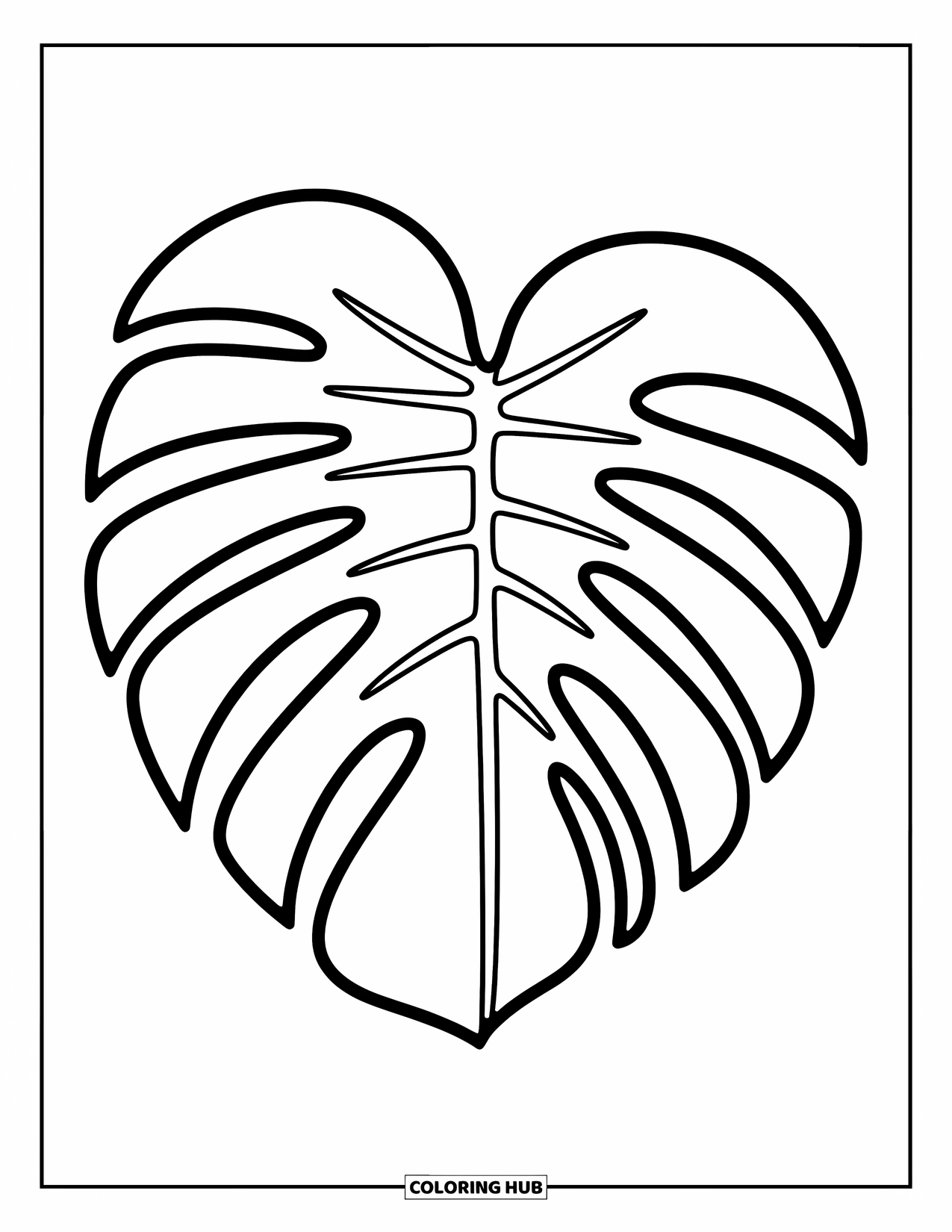 Leaf Coloring Page for Kids: A big monstera leaf with smooth curves and open spaces creates a bold, simple design