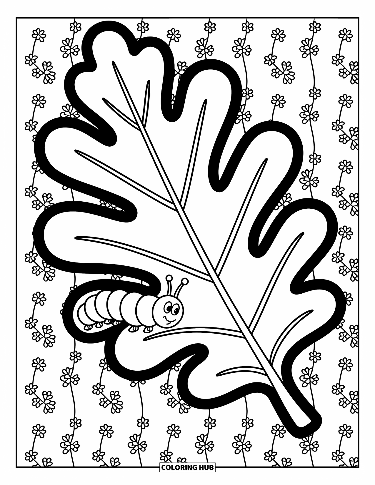Leaf Coloring Page for Kids: A cheerful caterpillar crawls along the edge of a bold oak leaf
