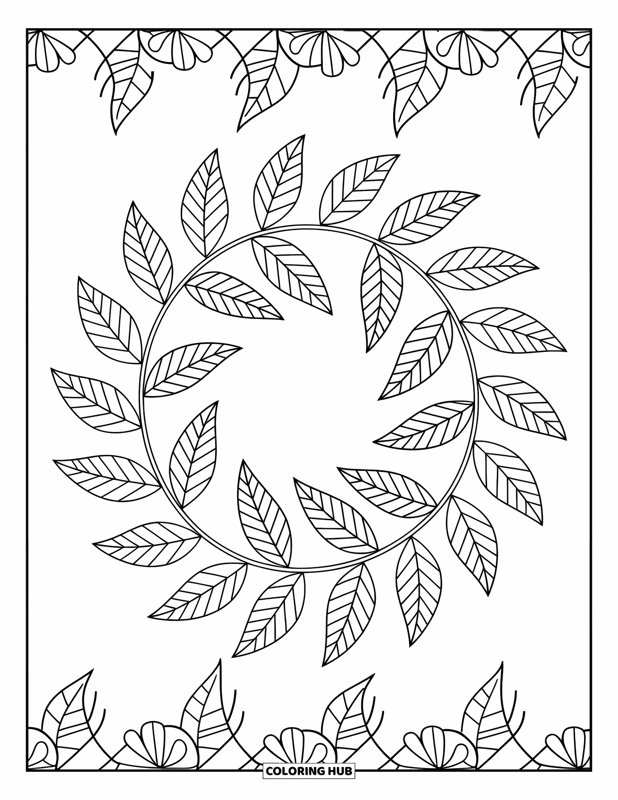 Leaf Coloring Page for Kids: A circular wreath of leaves forms a simple yet charming natural design