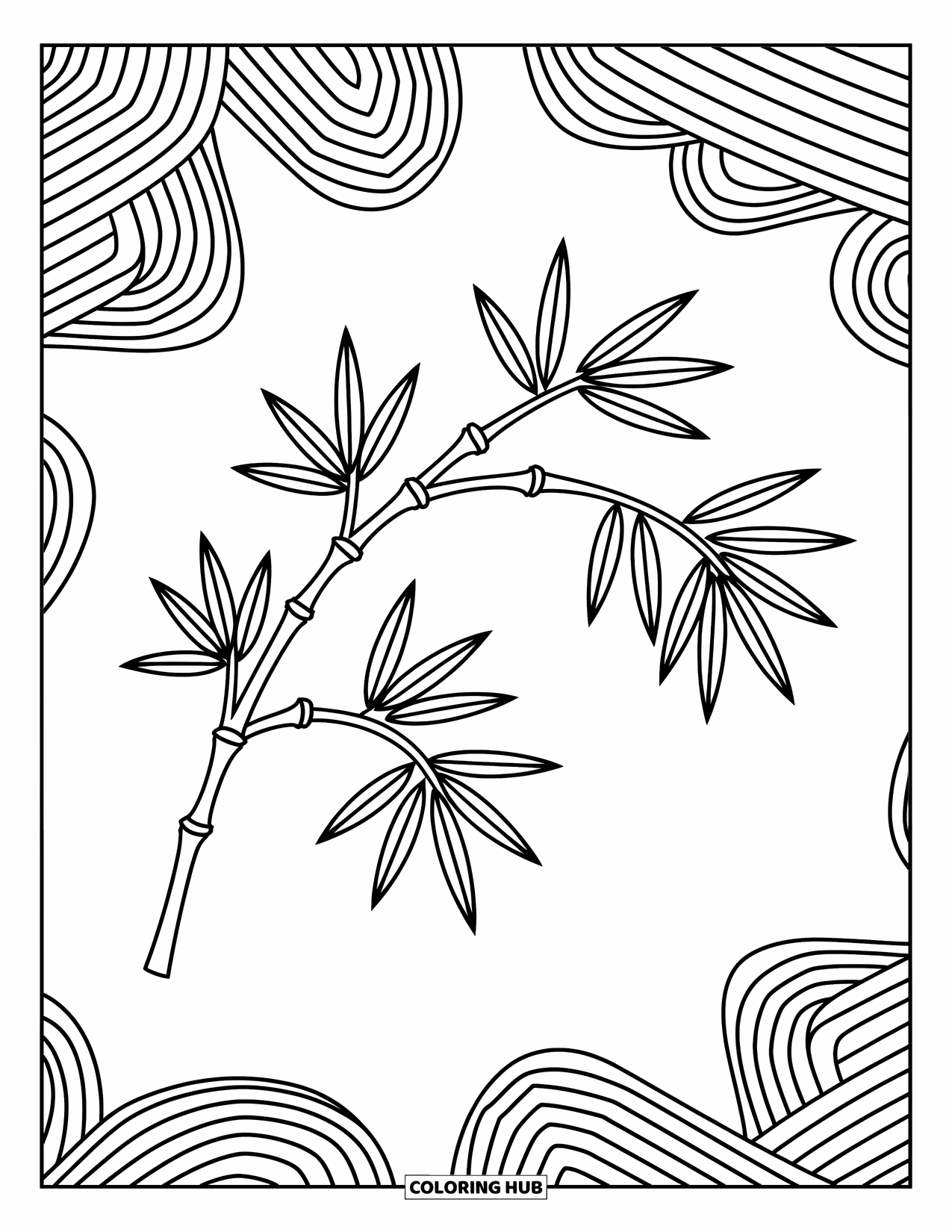 Leaf Coloring Page for Kids: A cluster of bamboo leaves curves gracefully, forming a flowing, natural pattern