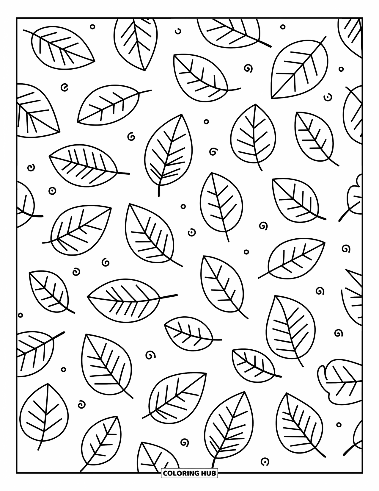 Leaf Coloring Page for Kids: A collection of leaves drifts naturally, bringing a fun and balanced layout