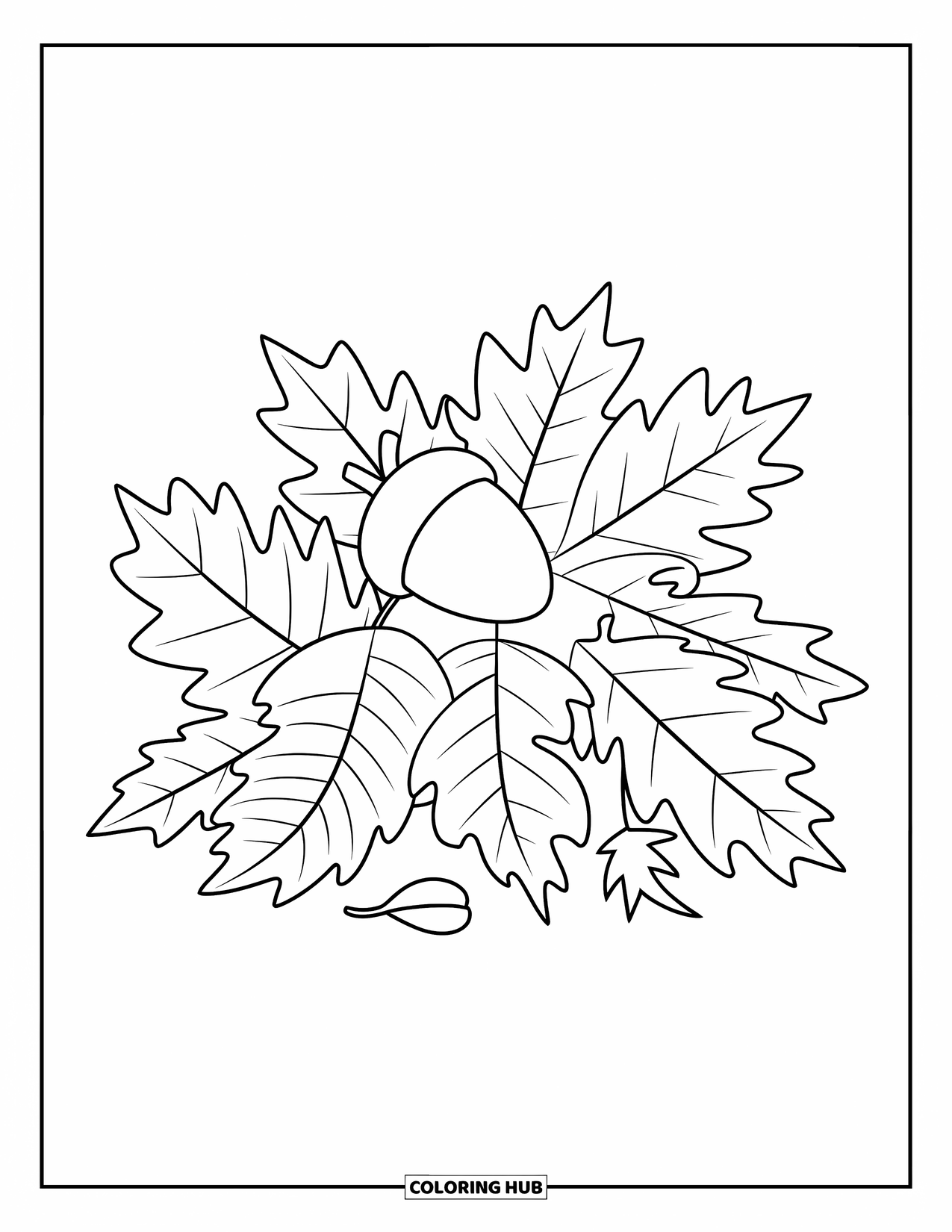 Leaf Coloring Page for Kids: A cozy pile of autumn leaves cradles an acorn resting gently on top