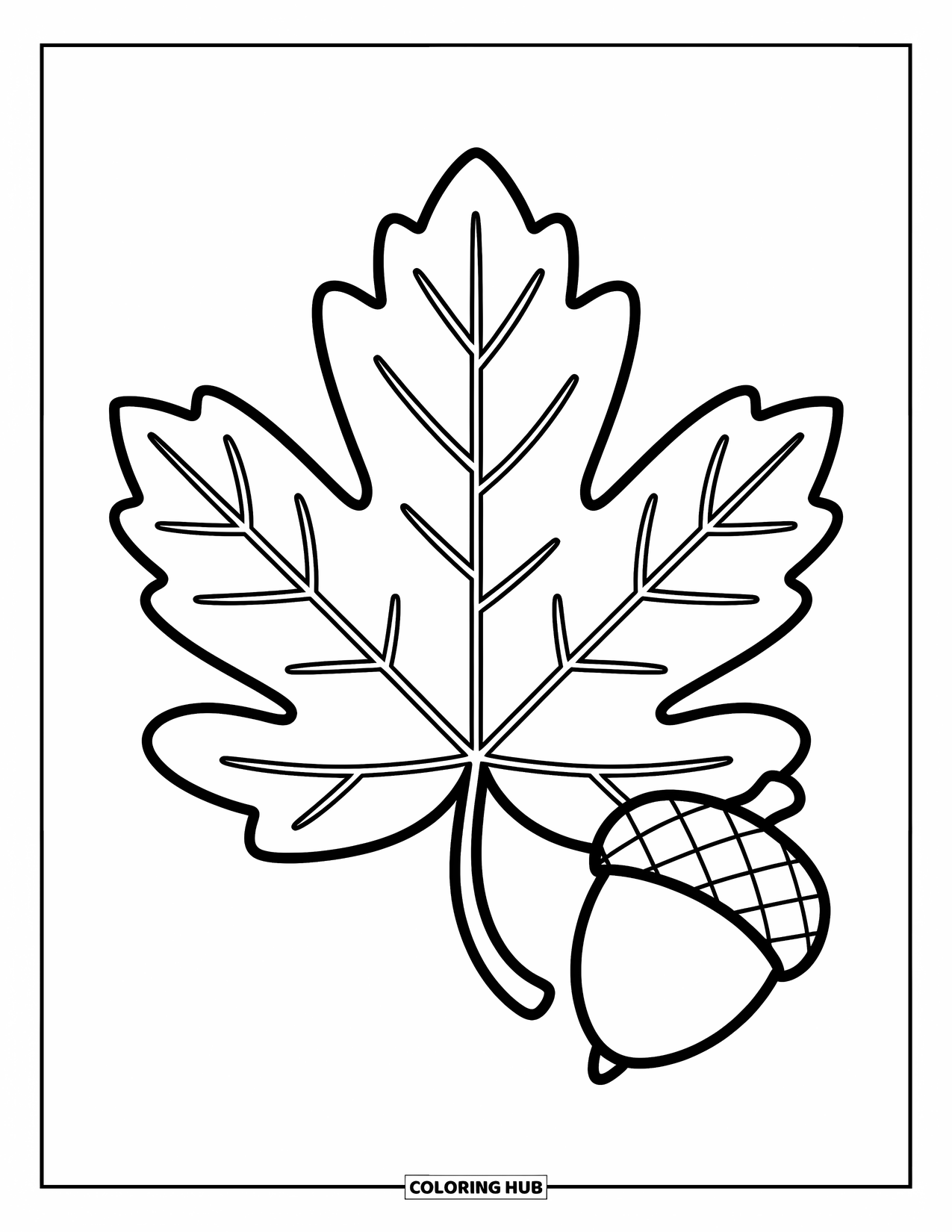 Leaf Coloring Page for Kids: A crisp autumn leaf rests next to an acorn, creating a cozy seasonal design