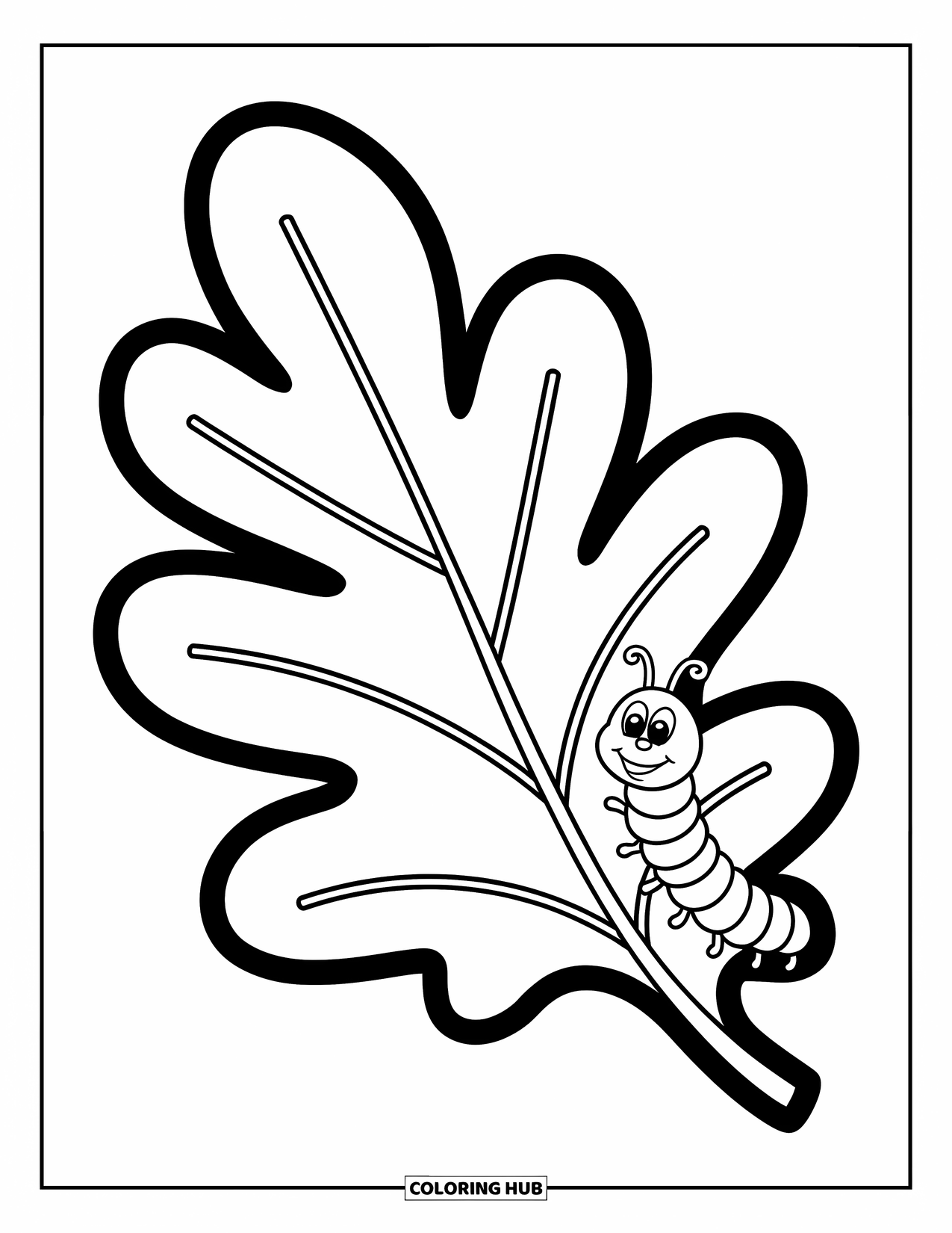 Leaf Coloring Page for Kids: A curious caterpillar wiggles along a big oak leaf, creating a fun and lively scene