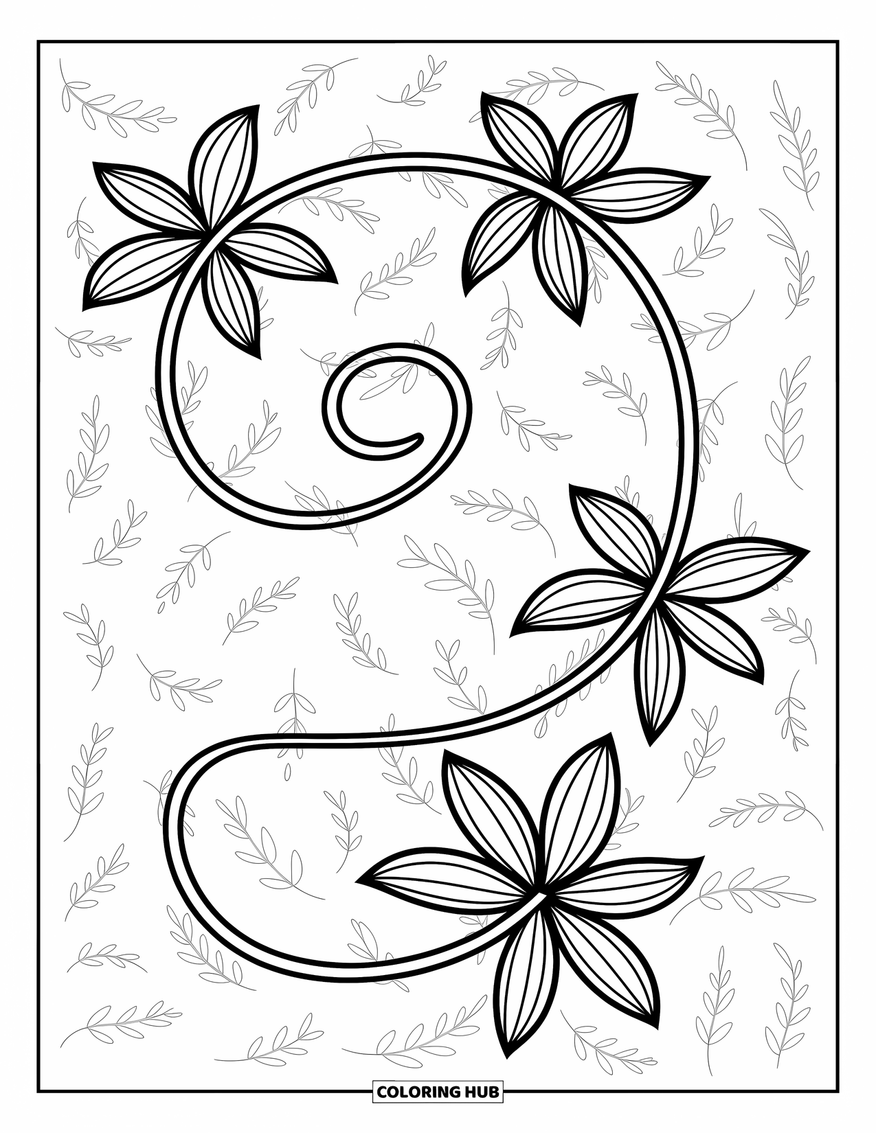 Leaf Coloring Page for Kids: A curling tendril with passionflower leaves winds across the page, adding an elegant, dynamic touch