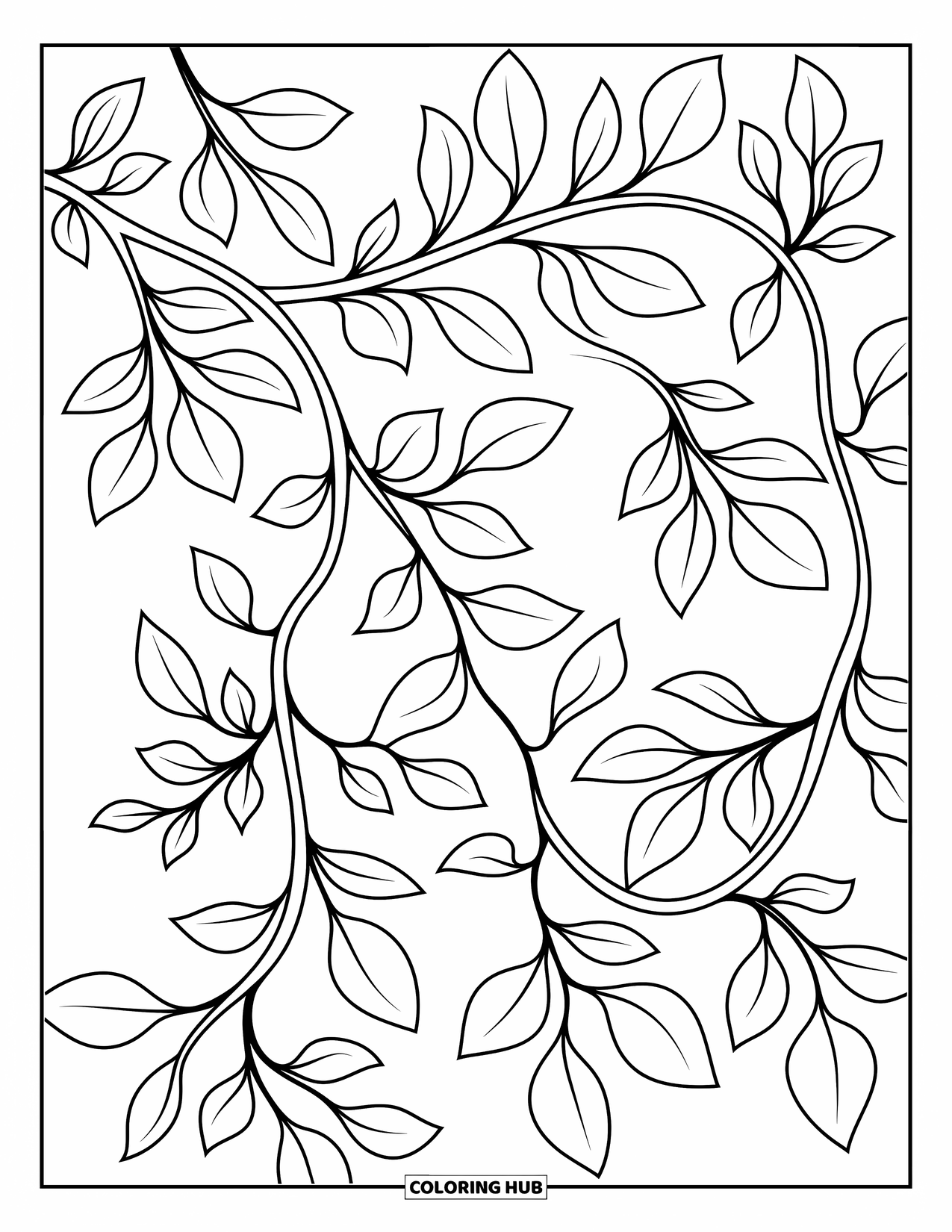 Leaf Coloring Page for Kids: A curling vine with lush leaves winds naturally, bringing movement and charm to the scene