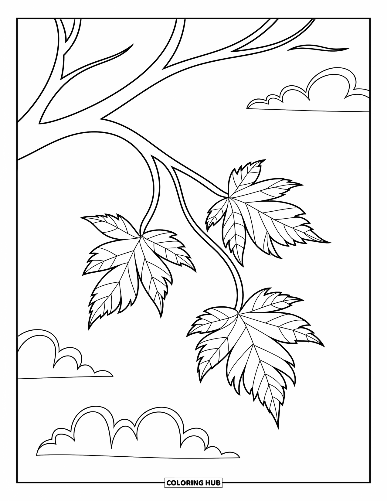 Leaf Coloring Page for Kids: A curved tree branch holds three leaves swaying gently in the breeze