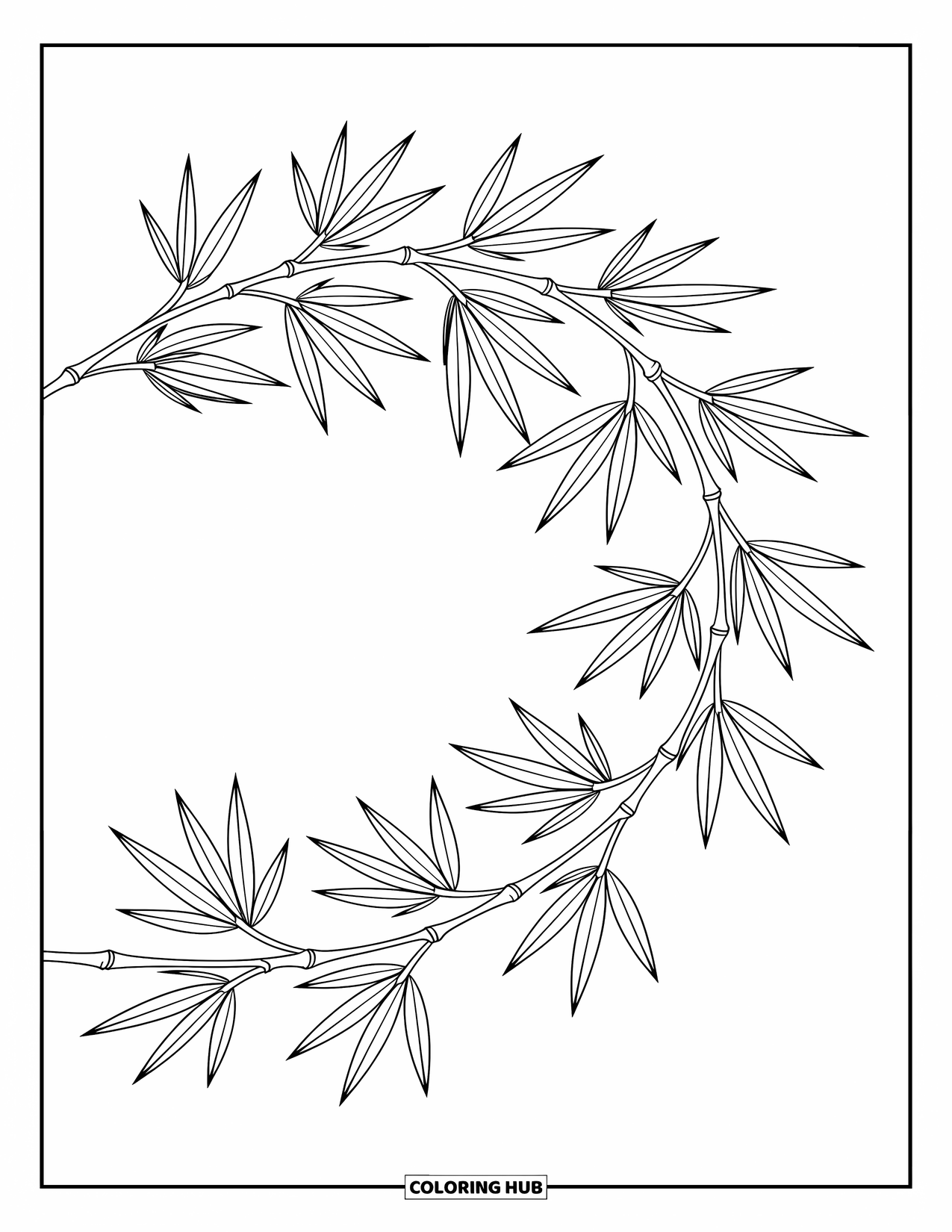 Leaf Coloring Page for Kids: A delicate bamboo leaf cluster arches gracefully, its slender leaves flowing in harmony