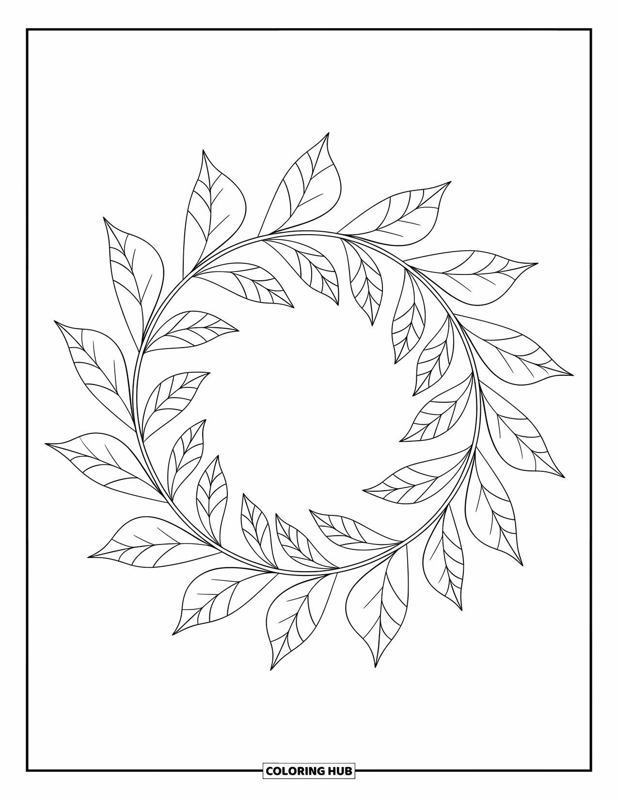 Leaf Coloring Page for Kids: A delicate ring of leaves creates a graceful and balanced wreath