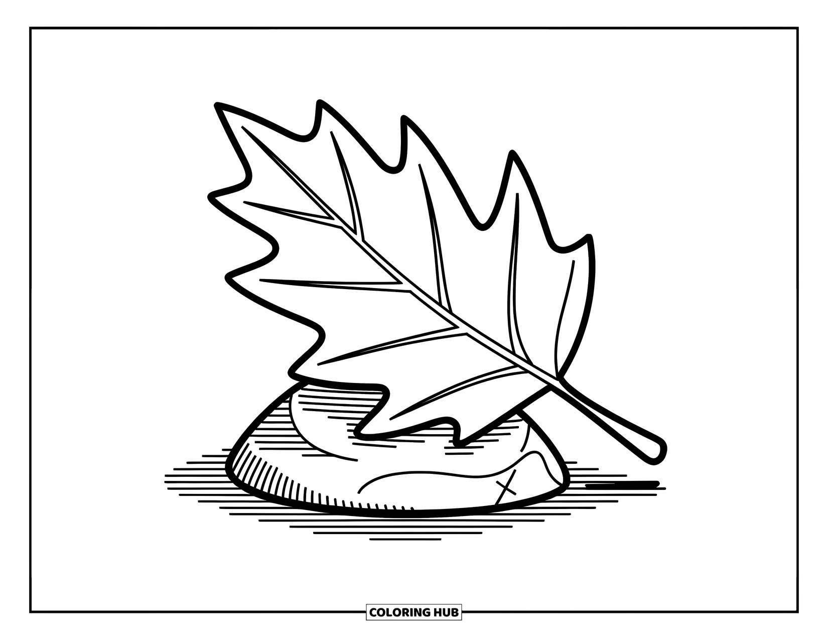 Leaf Coloring Page for Kids: A fallen leaf rests gently on a small rock, creating a peaceful and balanced scene