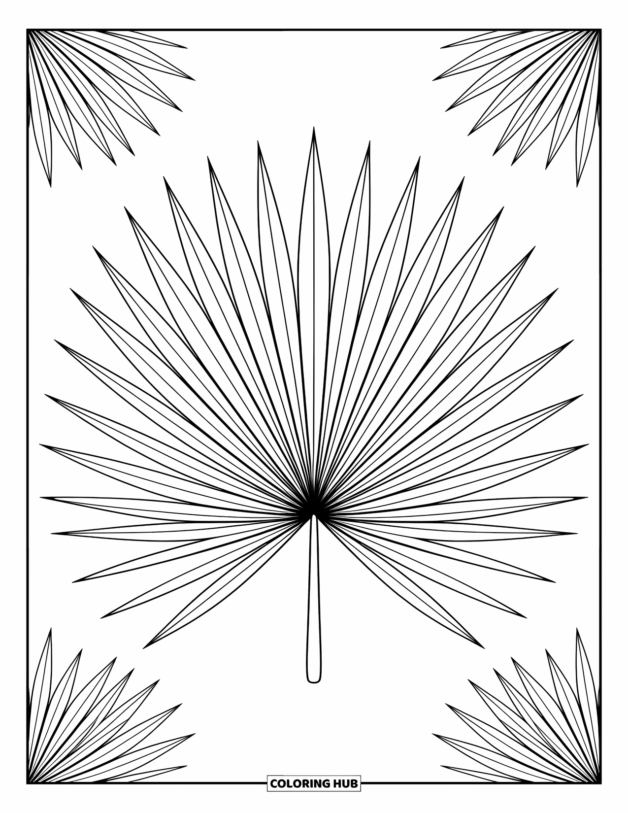 Leaf Coloring Page for Kids: A fan-shaped sago palm leaf radiates outward in a balanced and symmetrical pattern