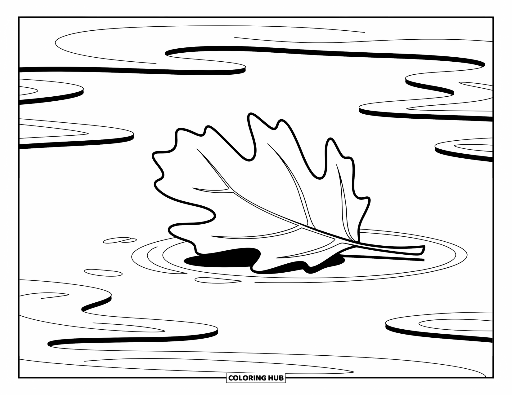 Leaf Coloring Page for Kids: A floating leaf drifts on calm water, creating soft ripples in the pond