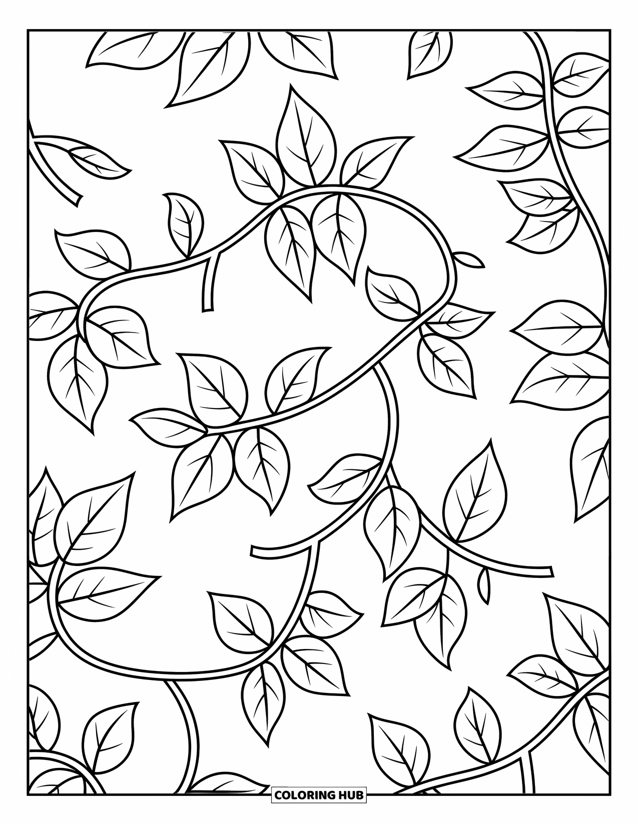 Leaf Coloring Page for Kids: A flowing vine with whimsical leaves stretches across, creating a fun and engaging scene