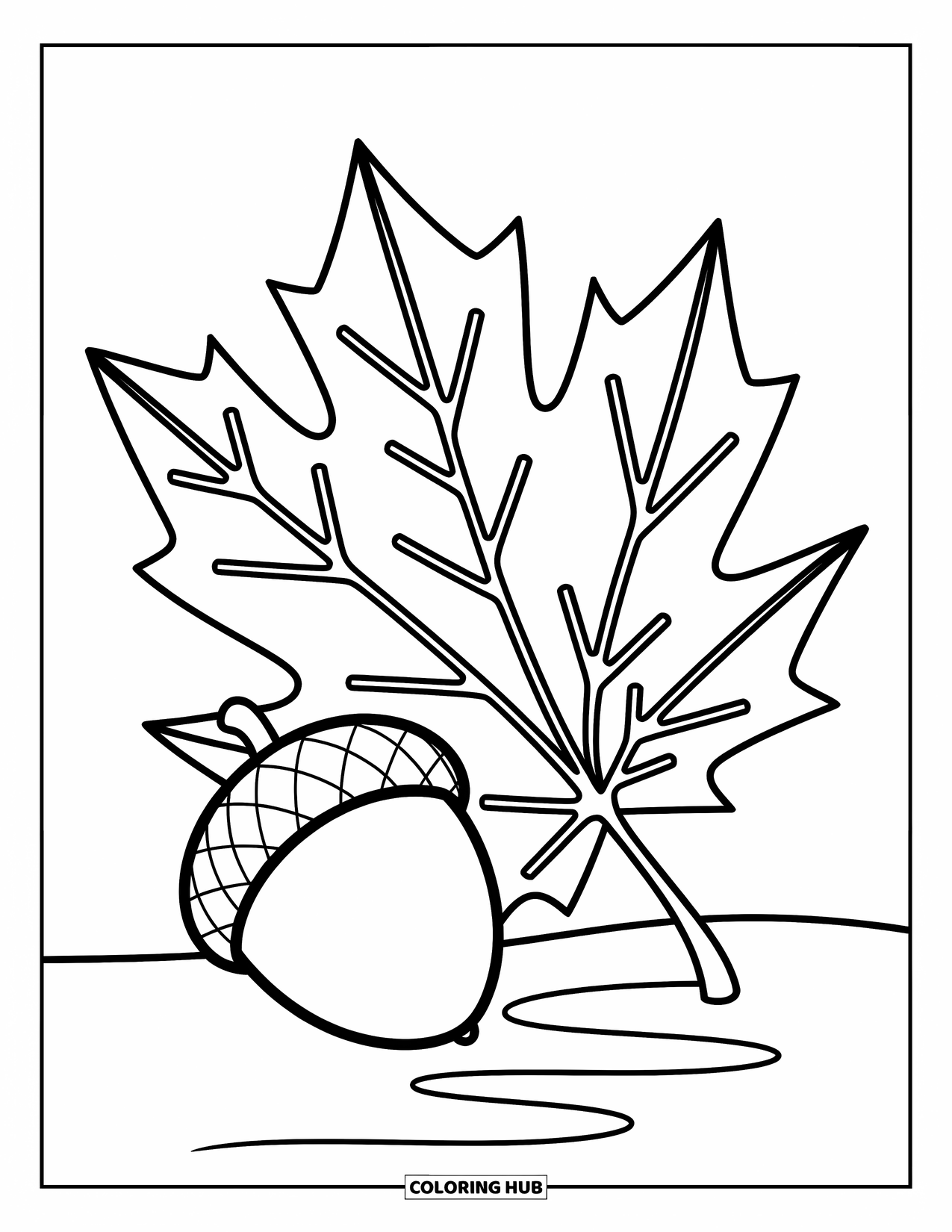 Leaf Coloring Page for Kids: A gently curved autumn leaf and an acorn form a playful, nature-inspired duo