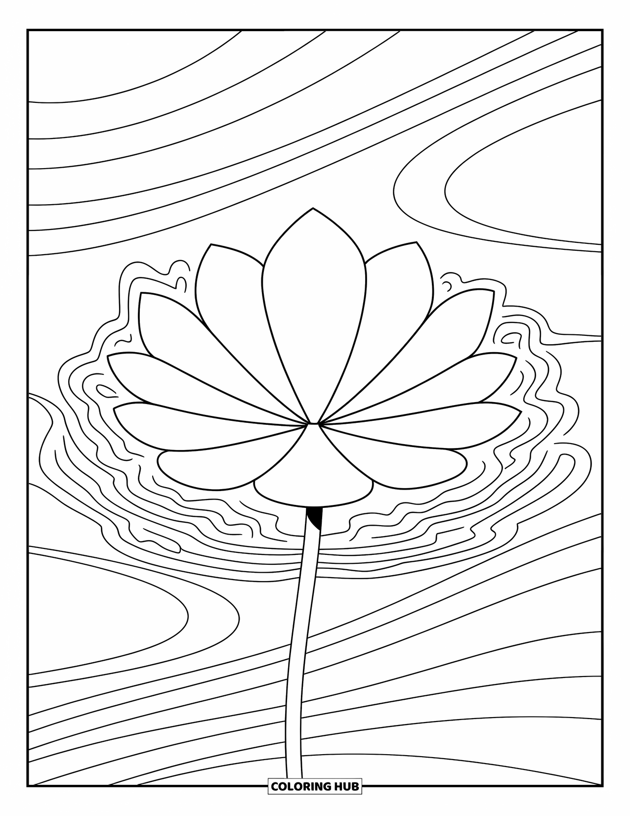 Leaf Coloring Page for Kids: A gently curved lotus leaf rests on still water, its edges forming soft, rhythmic waves