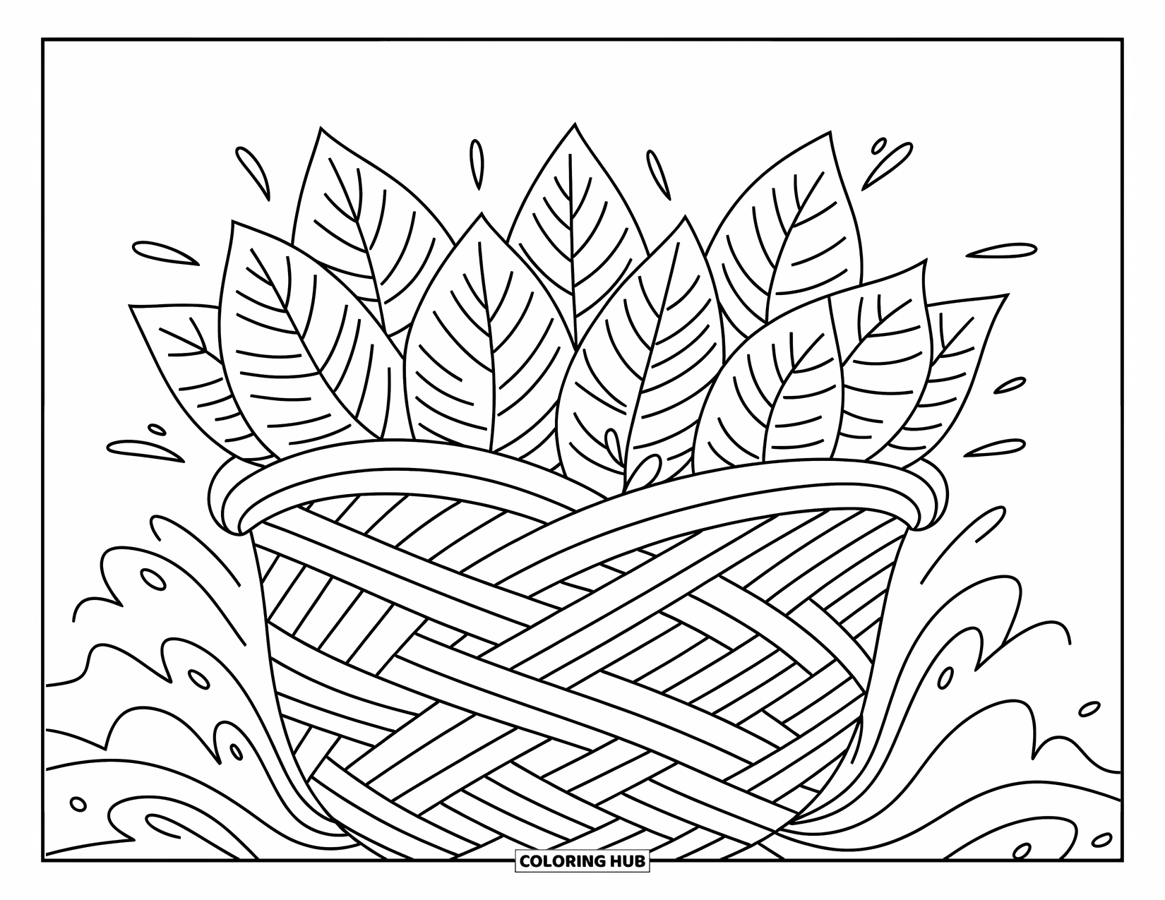 Leaf Coloring Page for Kids: A gracefully woven collection of leaves creates a basket-like formation with elegant patterns