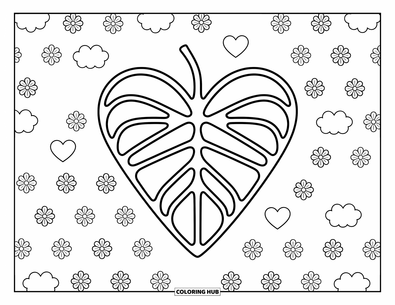 Leaf Coloring Page for Kids: A heart-shaped leaf with smooth edges sits gracefully, perfect for a playful scene