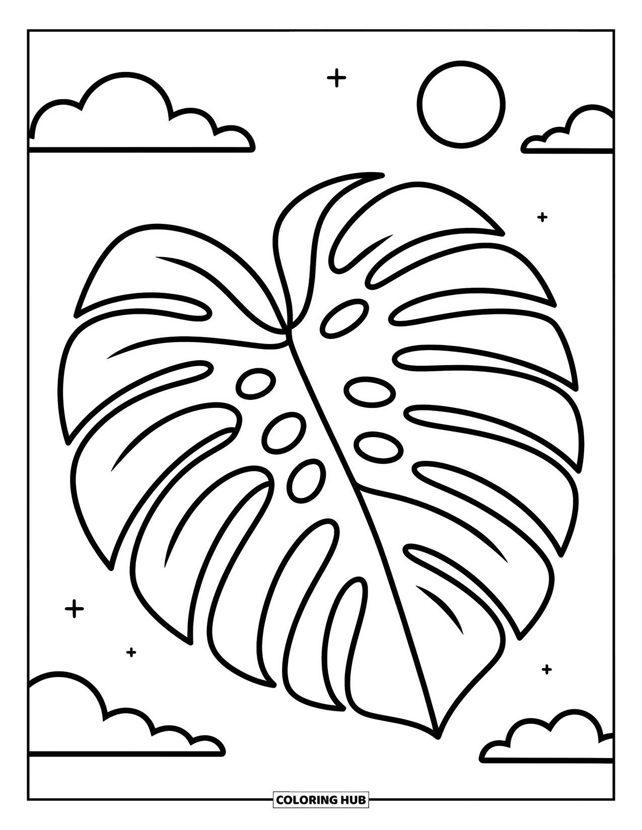 Leaf Coloring Page for Kids: A large monstera leaf with flowing edges and open spaces makes a playful statement