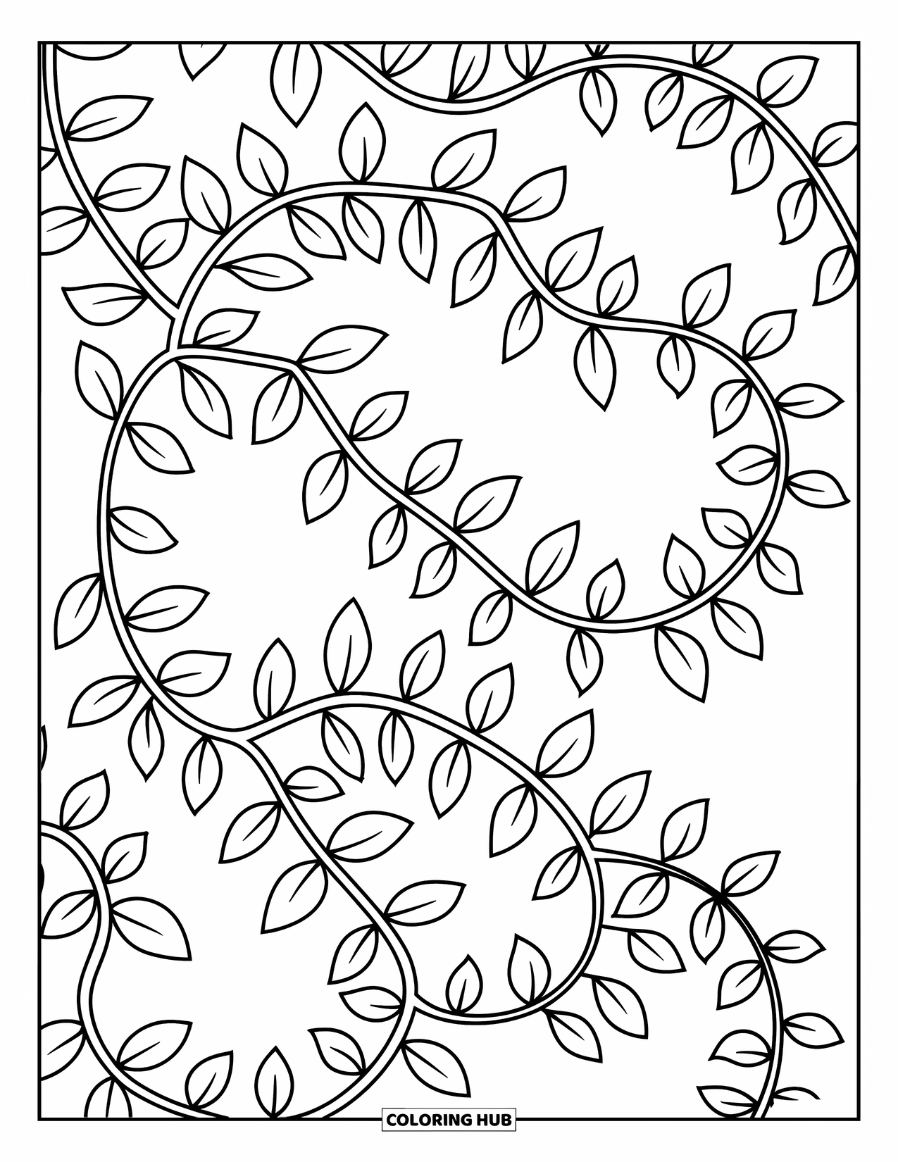 Leaf Coloring Page for Kids: A leafy vine stretches gracefully, its tendrils curling and twisting with playful charm